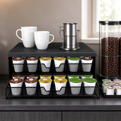 Coffee Bar Organizer for Countertop with K Cup Holder and Sliding Drawer, Keurig Coffee Pod Storage Station Accessories, Compact K Cup Organizer for Small Space, Durable Metal Frame with Wood Top