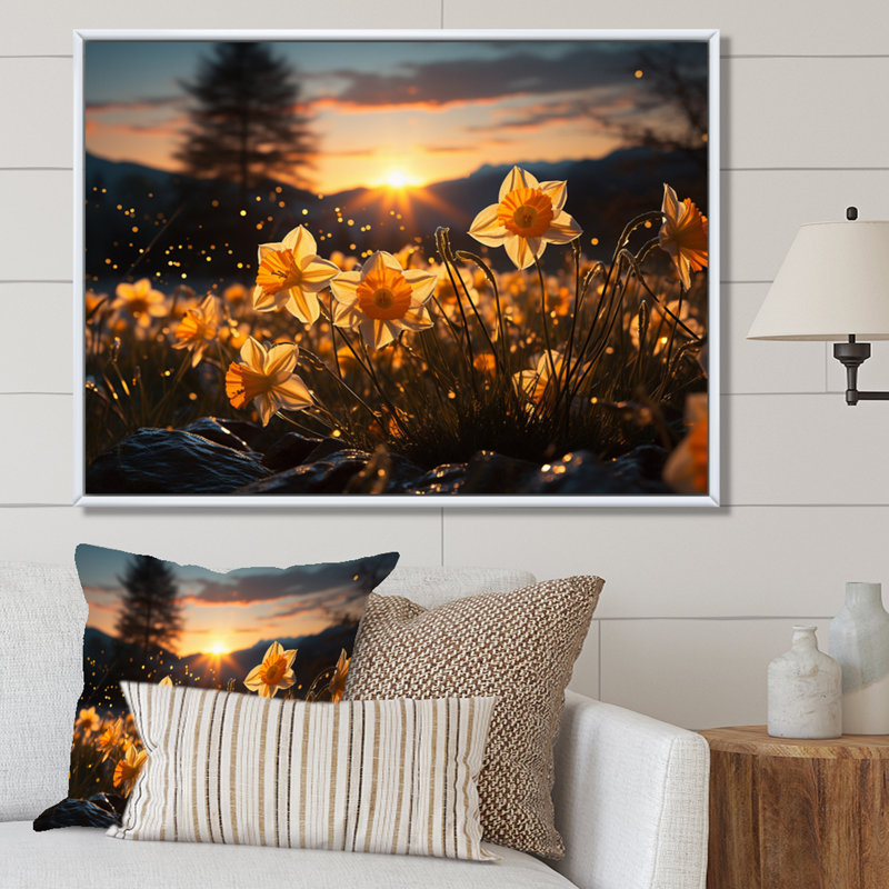 Daffodils Field Sunset I - impression, 30" H x 40" W, Cadre flottant blanc