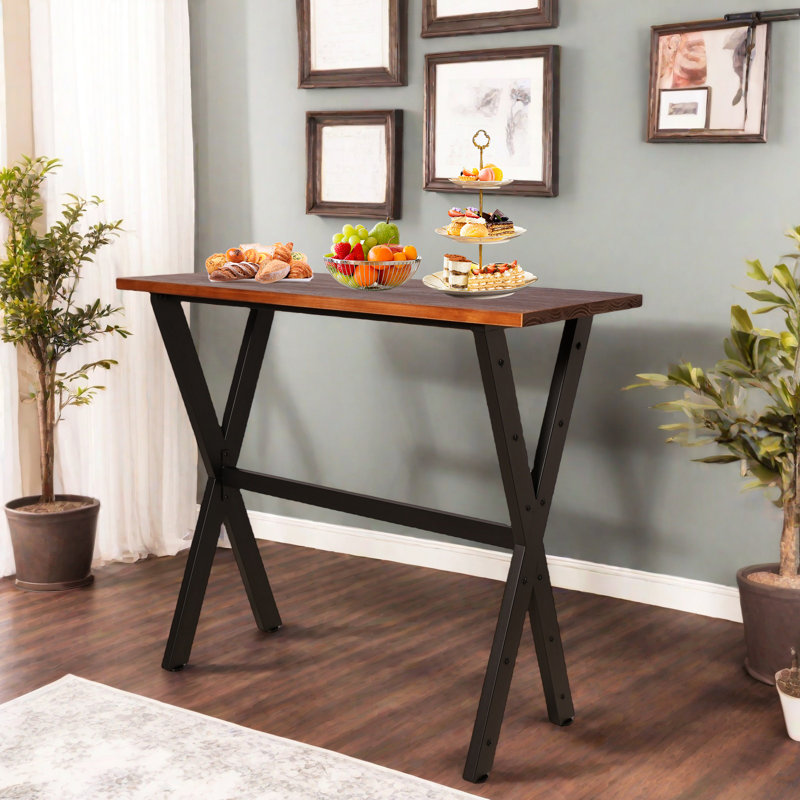 Bar Table, 47.3"L×41.3"H Bar Height Pub Table High Top Rectangular Sofa Console Table Kitchen Dining Coffee Table, For Narrow Space, Living Room, Indoor, Rustic Brown Wood, Industrial Black Metal