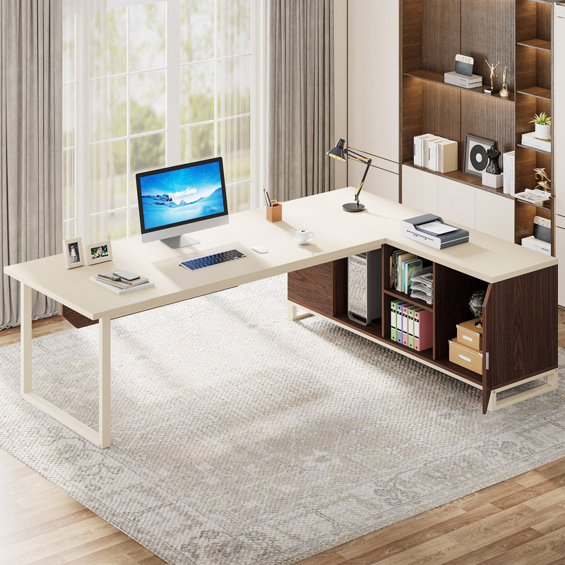 Grand bureau de direction en L Laphonso, Beige / noyer