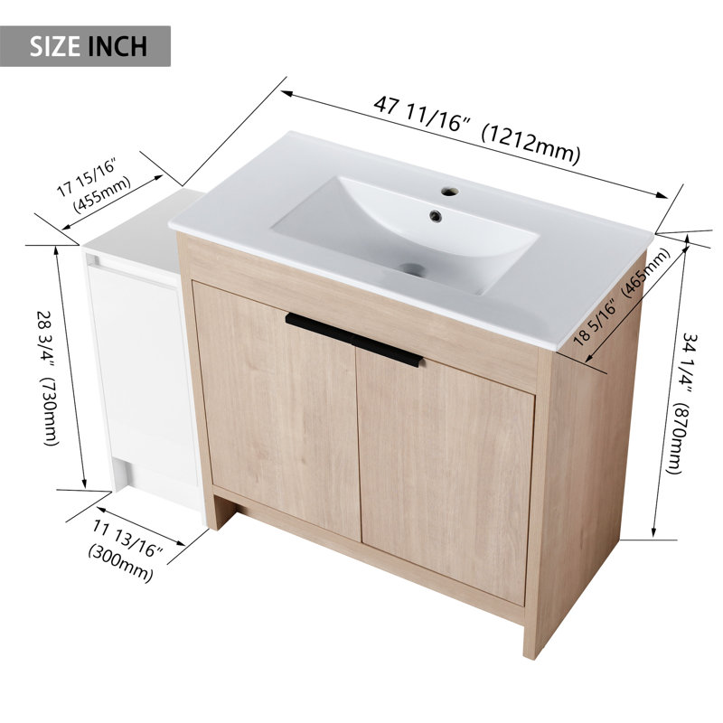 Meuble-lavabo autoportant avec lavabo en céramique et armoires de rangement, Blanc brillant / chêne clair clair
