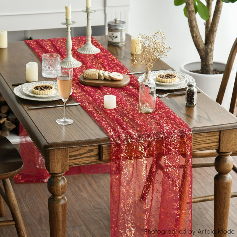 Chemin de table en gaze rouge et or, 305 cm (120 pouces), ensemble de 10 pouces, avec paillettes métalliques transparentes, idéal pour décorer une table lors d'un repas, d'un mariage, d'un anniversaire ou d'une fête à la maison.