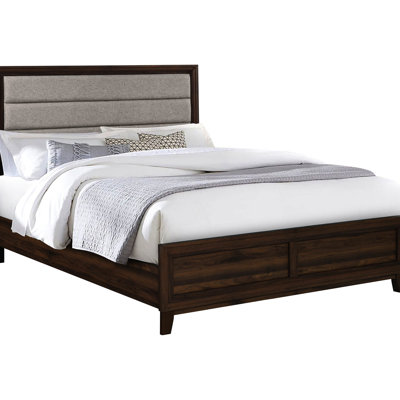 Transitional Eastern King Panel Bed, Walnut Finish, Upholstered Headboard In Soft Taupe, Engineered Wood With Center Support Legs For Bedroom Transformation Modern Design, Wood, Taupe Upholstered,