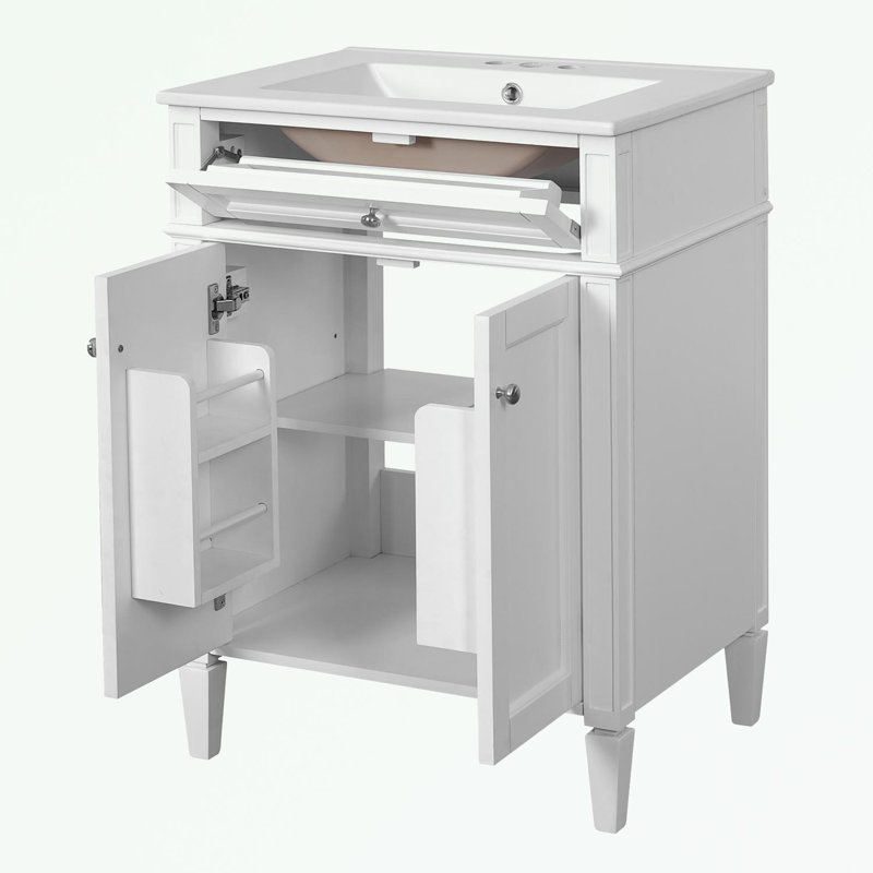 Meuble-lavabo de salle de bain avec lavabo en céramique, 2 portes et tiroir coulissant, Blanc