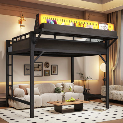 Structure de lit double pleine grandeur avec tablettes de rangement et panneau perforé, lit mezzanine en métal avec ports USB et lumières DEL, sécuritaire et robuste, noir