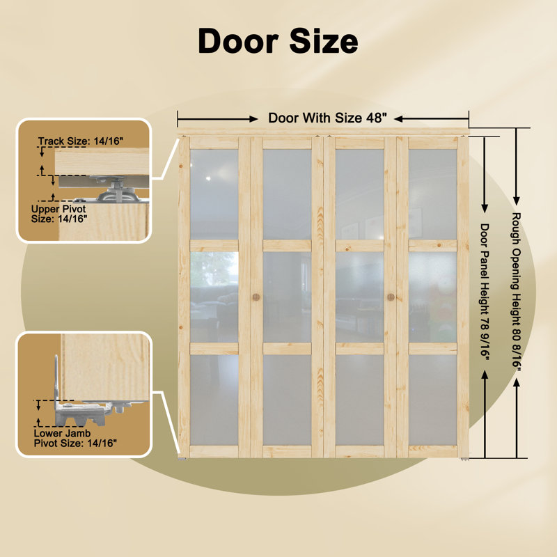 Porte double pliante en verre double pin brut 3 pièces avec quincaillerie, 48 po x 80 po