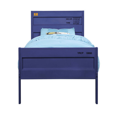 Lit plateforme simple bleu avec style de contenant de chargement et support de matelas complet, parfait pour les chambres à coucher minimalistes modernes.