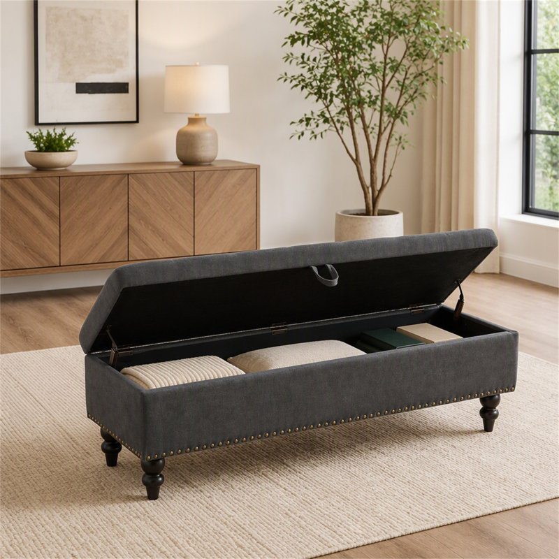 Banc de lit 59 po avec rangement en tissu gris, Gris / look rétro, Gris
