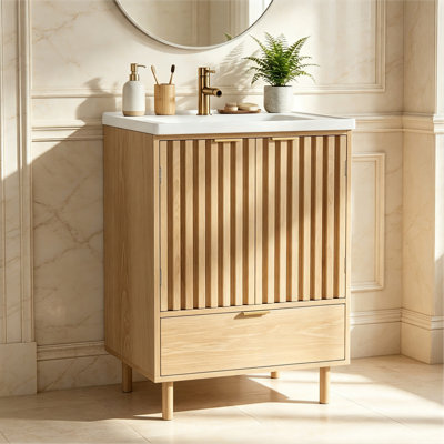23.6" Single Sink Bathroom Vanity With White Ceramic Top, Freestanding Bathroom Storage Cabinet with Sink Top