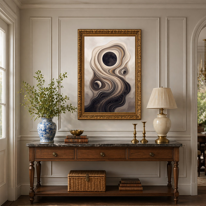 «Three Moons in Swirling Beige and Brown Layers», art mural, 18"H x 12"W