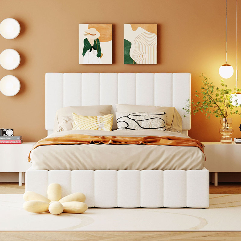 Lit plateforme tapissier avec rangement Alfie-Ray, Double, Blanc