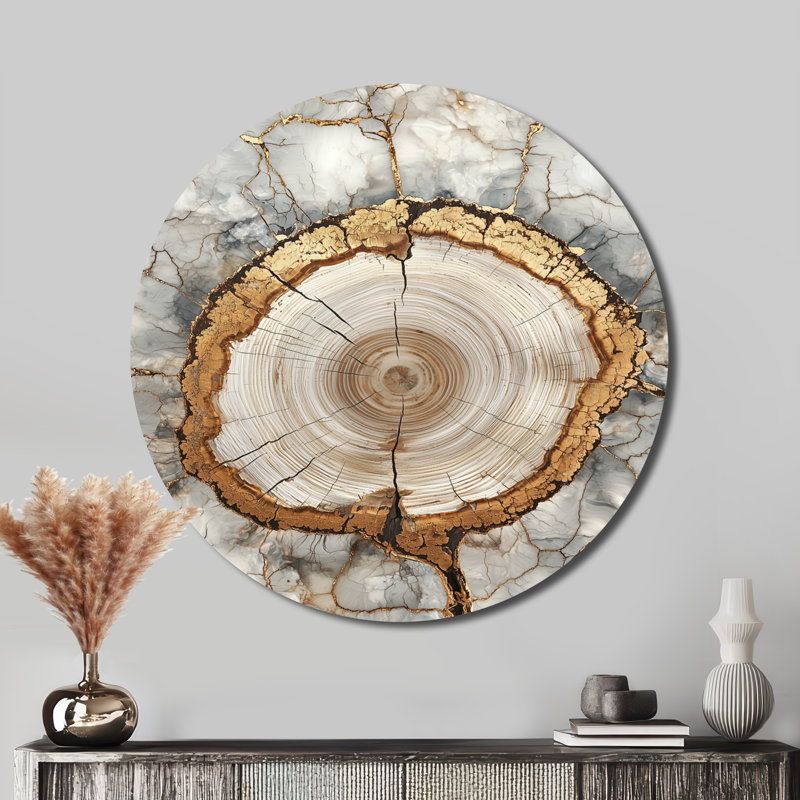 Glissade en bois dans la forêt du lac blanc doré - art mural rond en métal, H 29 po x l 29 po