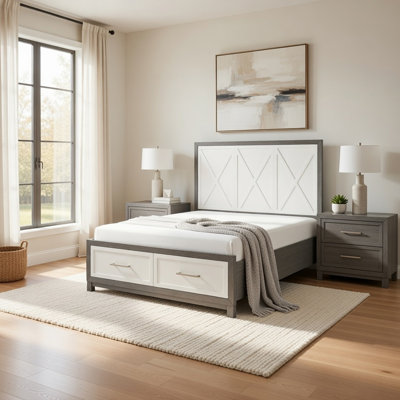 Owan Full Bed, 2 Drawer Footboard Storage, Modern Panel Grey And Ivory