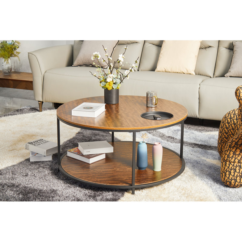 Barbara Round Coffee Table with Storage Tray, Black Brown Top/Black Frame