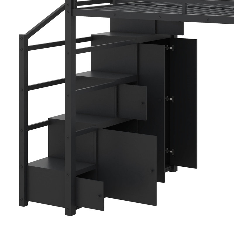 Queen-Size Metal Loft Bed Comes With Storage Units, Bed With Integrated Cabinets & Closet
