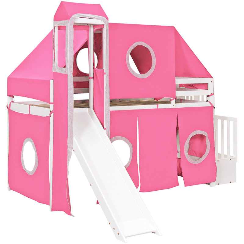 Lit mezzanine simple rose avec tente et tour, pin de haute qualité, apparence semblable, sous-espace pour les ballons, construction solide, style élégant, gants de rangement spacieux
