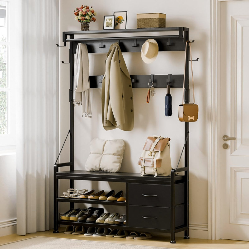 39.4” Freestanding Entryway Bench with Coat Rack, Shoe Bench and Wall Rack Combo with 21 Hooks and Drawers, Black