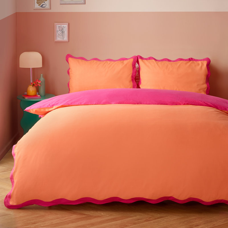 Wiggle Scallop Cotton Blend No Pattern Duvet Cover Set with Pillowcases Included, Orange/Pink