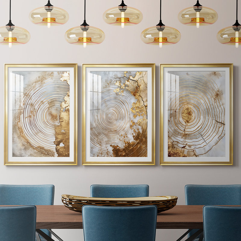 ABSTRACT Series CLxxxi - Impression encadrée sur mesure de qualité supérieure - 3 pièces, H 39 po x l 81 po, Doré