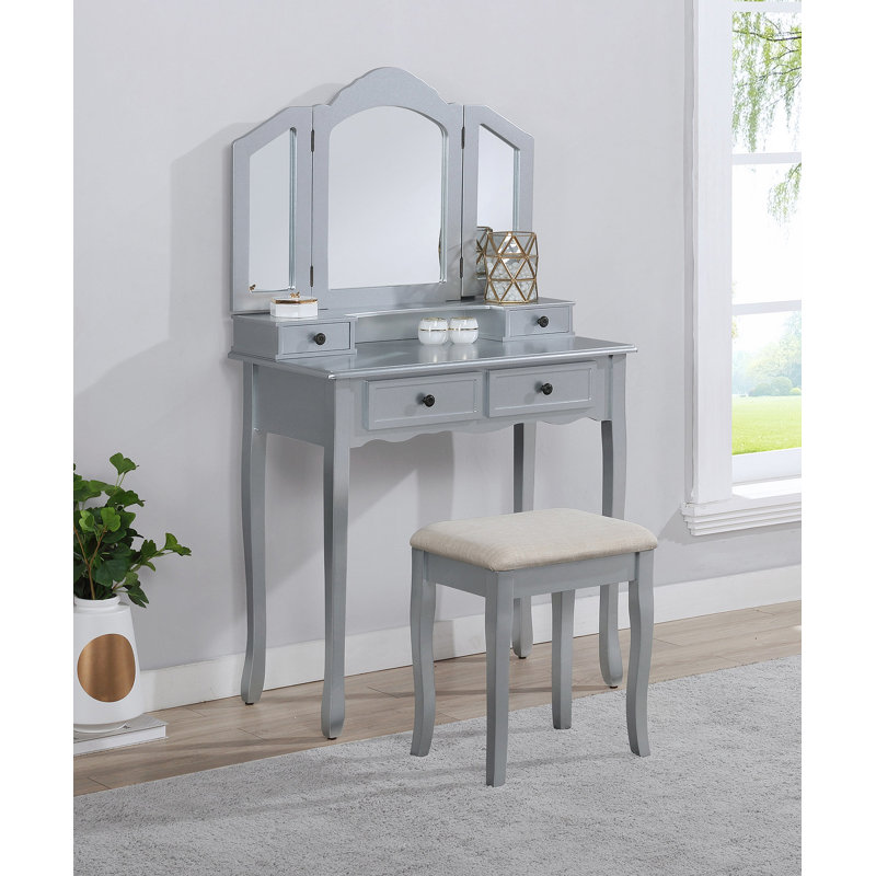 Sanlo Wooden Vanity Make Up Table And Stool Set, Silver