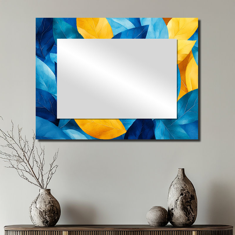Blue Yellow Digital Leaves II - Floral Wall Mirror Art - Printed On Metal, 24" x 32"