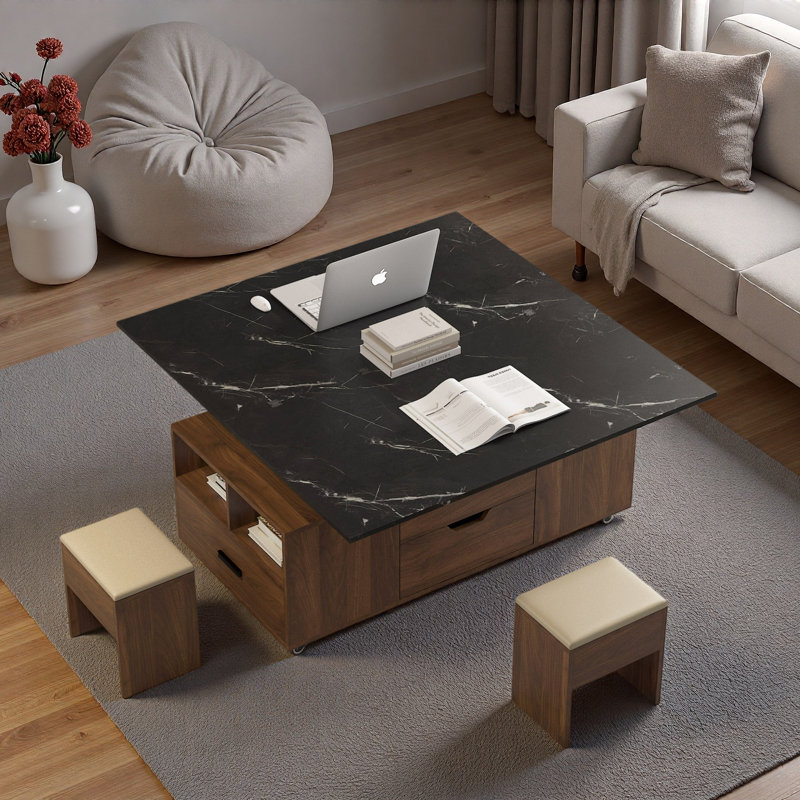 Ensemble de tables basses 3 pièces avec 2 tabourets, 1 rangement caché et tiroirs