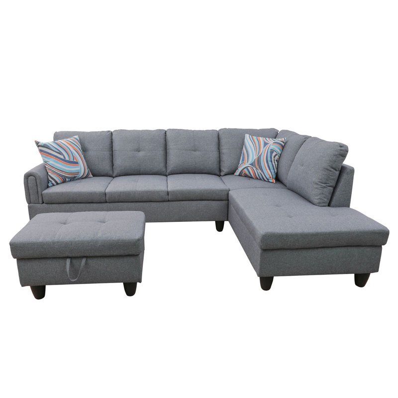 Light Grey Linen 3-Piece Sectional Sofa Set with Storage Ottoman, Right Hand Facing, Light Pencil Gray Velvet