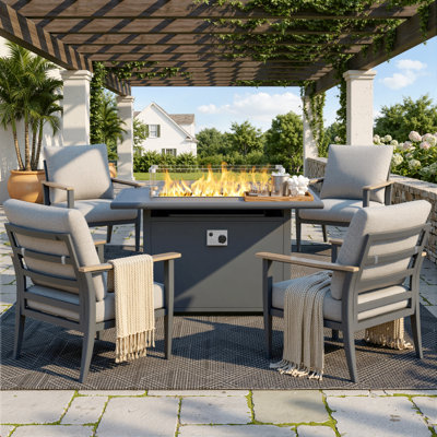 Ensemble de conversation de patio en aluminium 5 pièces avec table de foyer, chaises d'extérieur rembourrées et pare-vent en verre