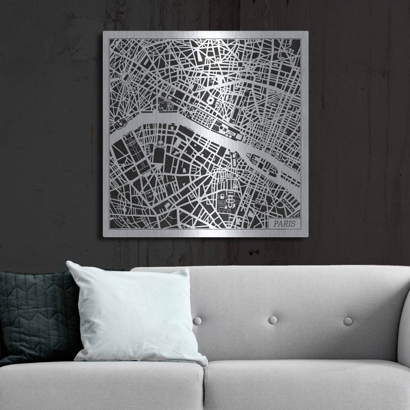 Art mural en métal «Paris Map Black» par Laura Marshall, H 12 po x l 12 po