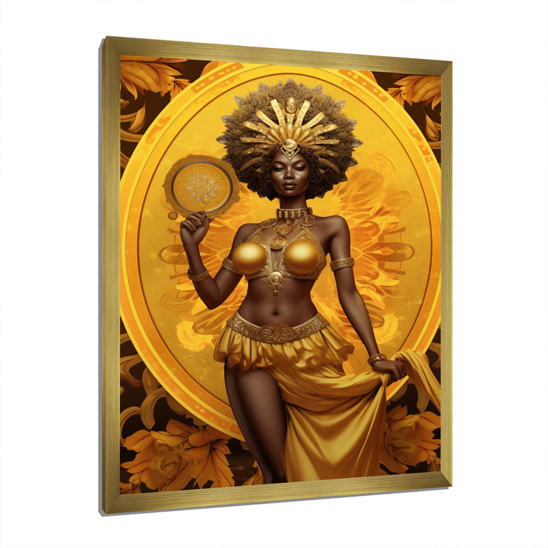 Orisha Oshun avec miroir déesse africaine - art mural femme afro-américaine, Cadre doré simple, H 40 po x l 30 po x P 1,5 po