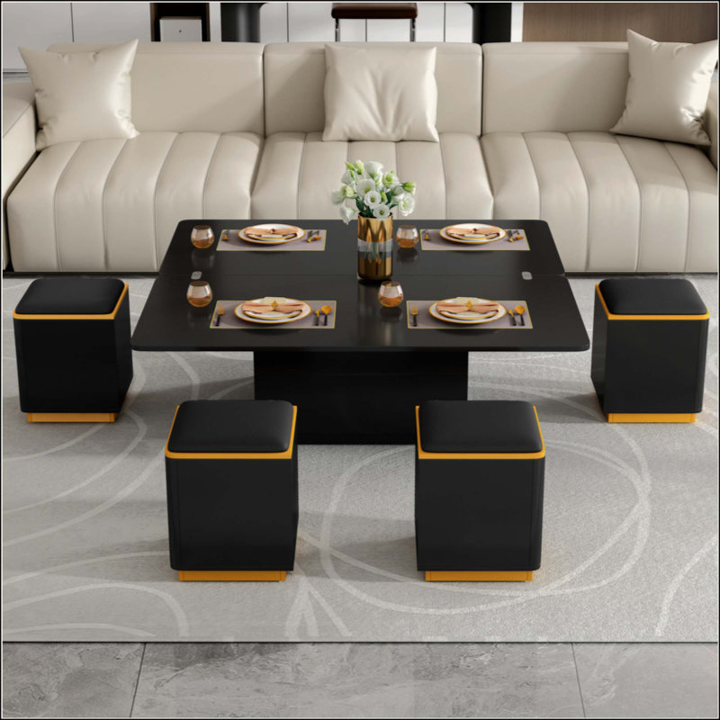 Table basse 3-en-1 convertible à plateau relevable - Mode repas pliable, 4 tabourets de rangement pour le salon