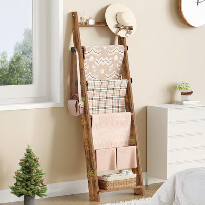 Échelle à couvertures pour le salon, support à courtepointe décoratif avec 4 crochets amovibles, étagère à couverture à 6 niveaux pour la chambre à coucher, brun rustique