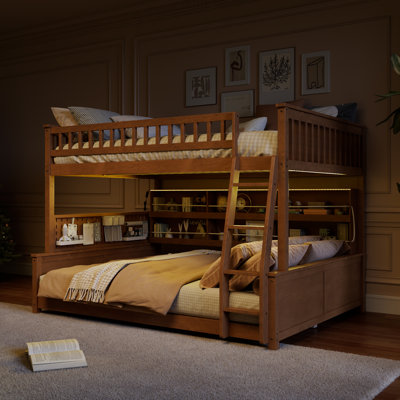 Wood Bunk Bed with Integrated Shelving, Color-Changing LED Lights, Pegboard Panel and Convertible Design