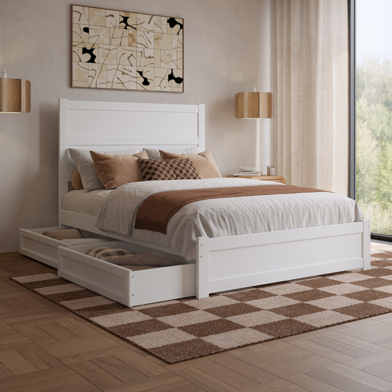 Lit plateforme avec tiroirs de rangement en bois Aveline, Blanc, Lit double