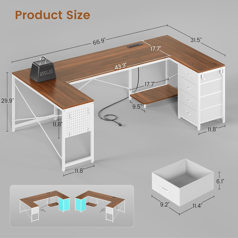 67" L Shaped Desk Reversible Computer Desk With 4 Fabric Drawers