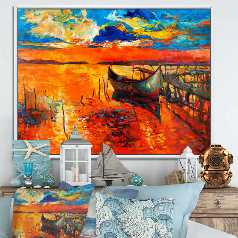Bateau rouge et jetée, peinture murale décorative nautique et côtière, H 30 po x l 40 po x P 1,5 po, Cadre flottant blanc
