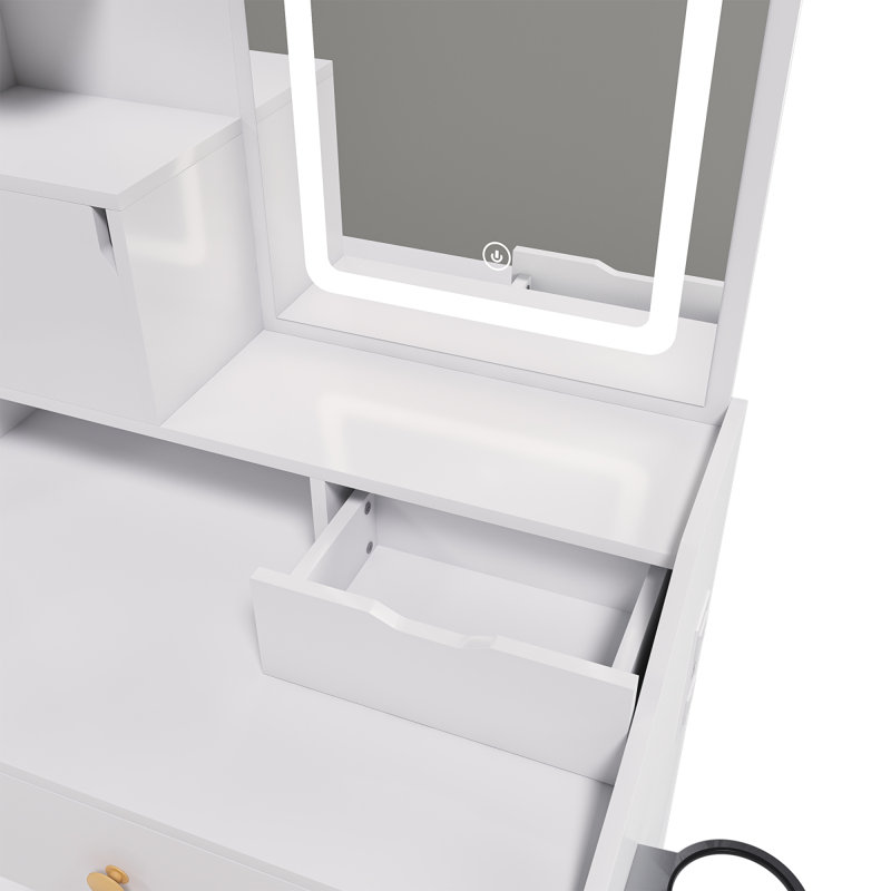 Bureau de coiffeuse avec miroir et lumières, coiffeuse de maquillage avec station de charge et support pour sèche-cheveux, petite coiffeuse avec 2 tiroirs, 5 armoires et tabouret de rangement, miroir DEL à intensité variable 3 couleurs, blanc