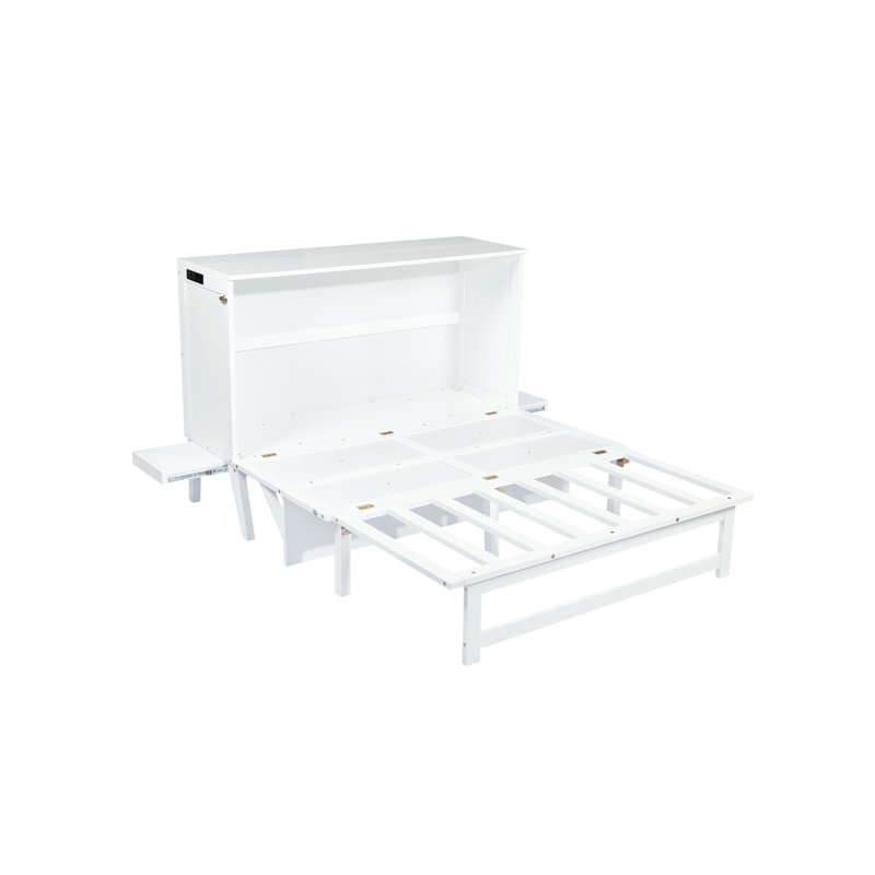 Lit escamotable avec port USB et tablettes amovibles de chaque côté, lit escamotable en pin massif pour bureau personnel, chambre d'amis, blanc
