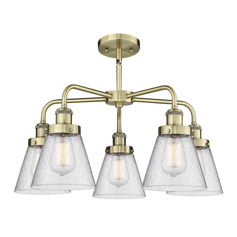 Cone 5 Light Stem Hung Chandelier, Antique Brass, Seedy