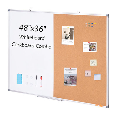 Combo tableau blanc 48 po x 36 po et panneau de liège avec cadre en aluminium - babillard magnétique effaçable à sec 2-en-1 pour fixation murale - idéal pour l'école, la maison, le bureau