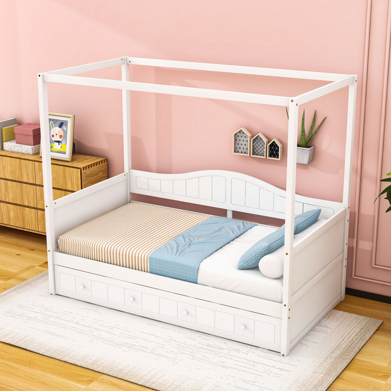 Twin Size Canopy Daybed with Twin Trundle, White