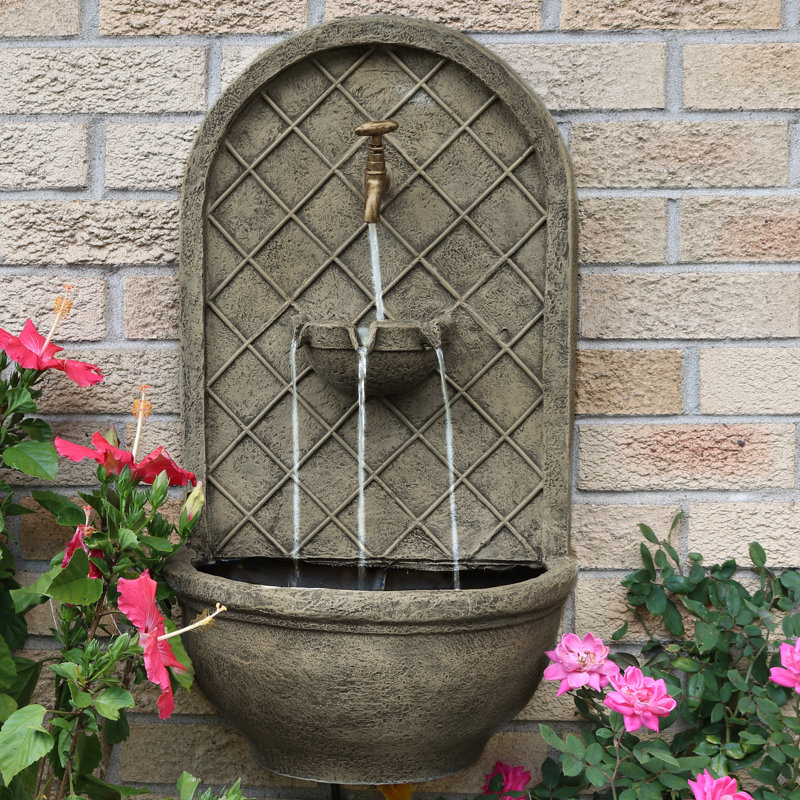 Tristin Weather-Resistant Polystone Outdoor Wall Fountain - French Limestone, Light Gray