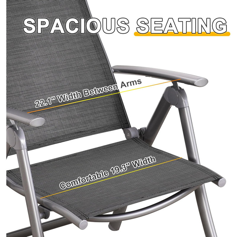 2 chaises de patio inclinables pour l'extérieur - structure en aluminium et siège gris foncé. Conception pliable pour le camping, le jardin, la piscine. Pliage confortable et respirant de 2 chaises. Siège, dossier haut réglable