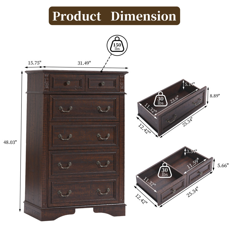Commode 6 tiroirs 31,49 po, Marron foncé