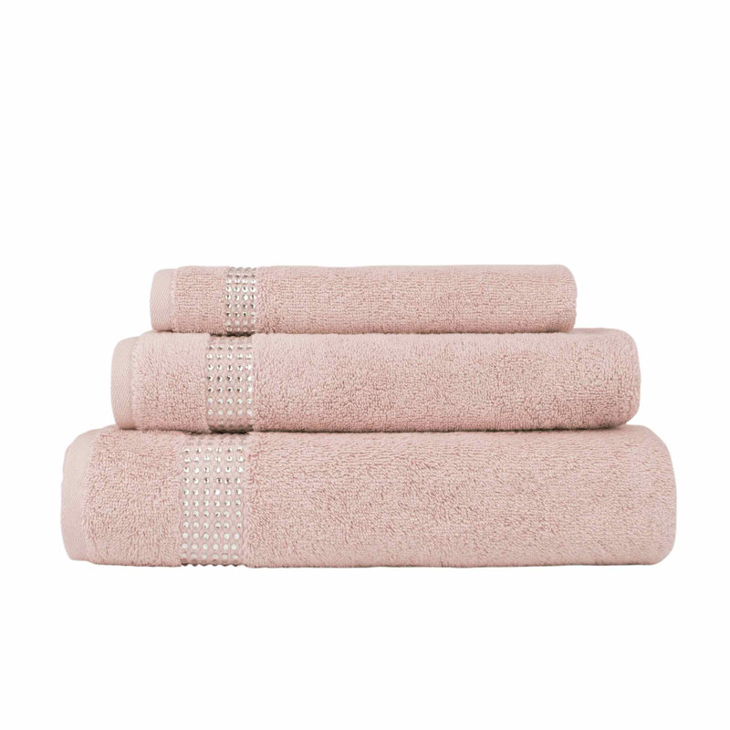 Sparkles Home | 3 Piece Cotton Towel Set | Rhinestone Stripe | Elegant Bathroom Decor, Pink