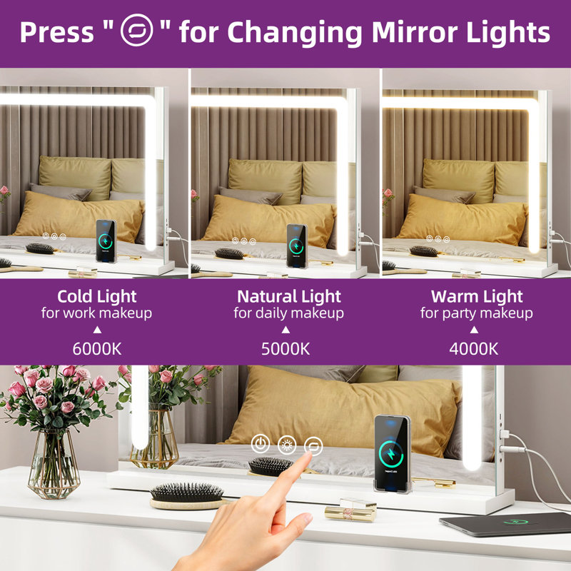 Wrought Studio Dimmable LED Lighted Makeup Vanity Mirror with Lights Touch Screen & 3-Colour Lighting & Wireless Charger and Speaker