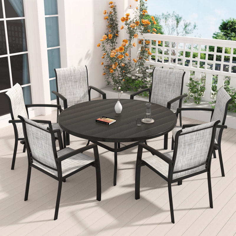 7 Pieces Patio Dining Set,Patio Stackable Dining Chairs and Outdoor Metal Round Table, Black