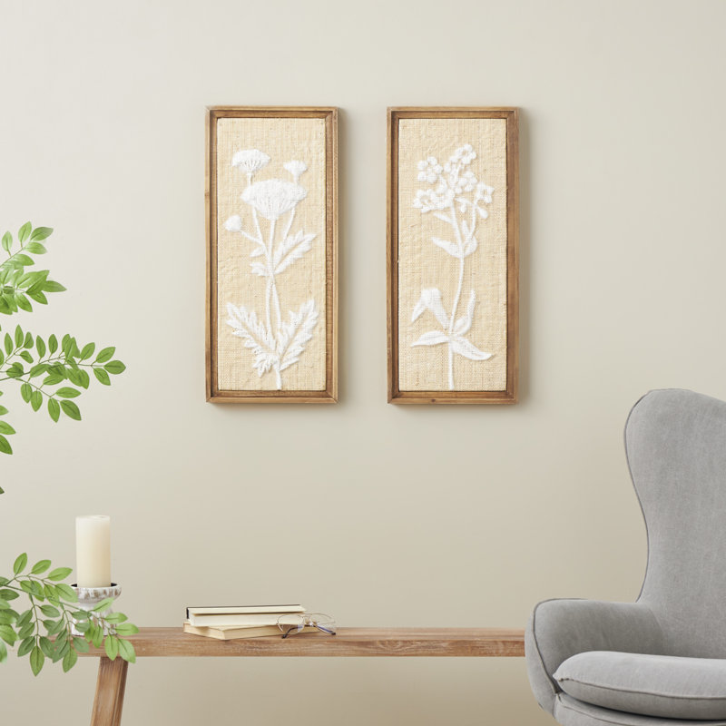 Wood Textured Floral Cream Wall Decor with White Painted Accents Set