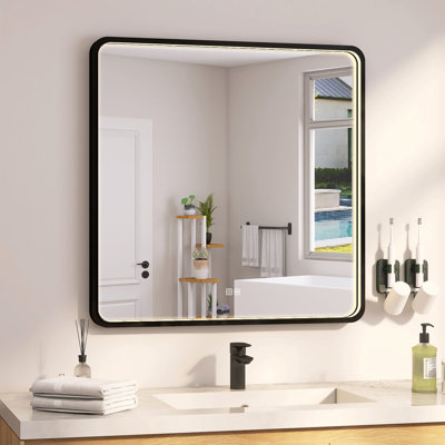 Cadre noir avec miroir DEL 90 x 90 cm, luminosité réglable, 3 couleurs, antibuée, contrôle tactile, à brancher