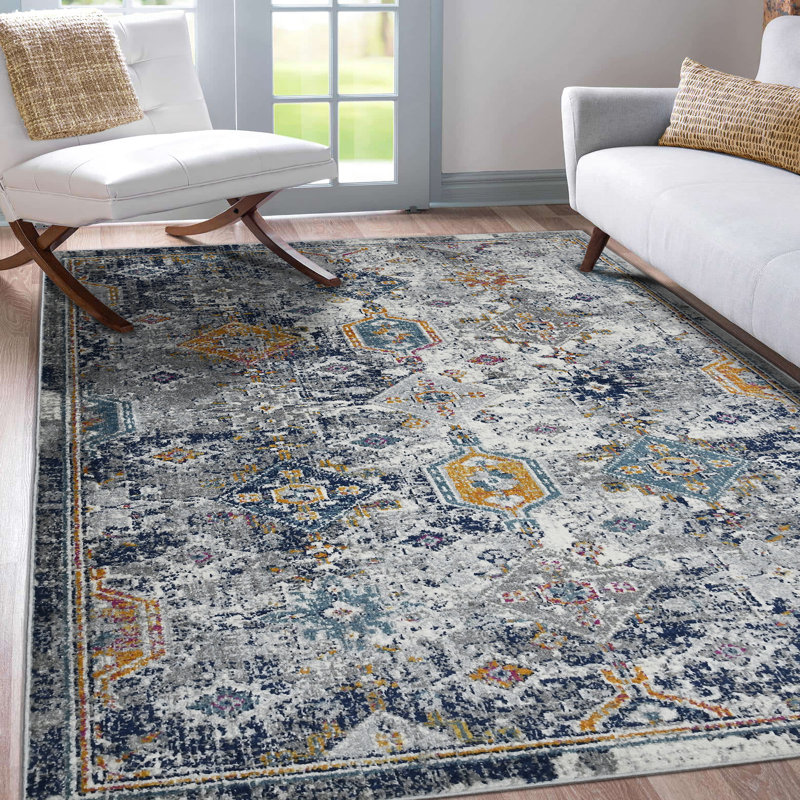 Uptown Bohemian Blue Geometric 5'3" x 7'6" Synthetic Area Rug